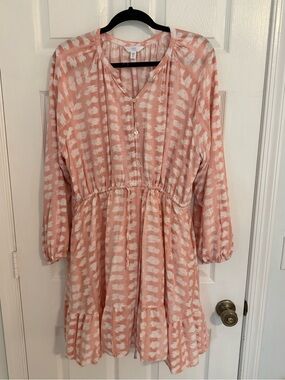 Time & Tru Peach & White Printed Long-Sleeve Dress